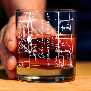 Custom Campus Map Graduation Whiskey Glass, Engraved University Map Graduation Gift on Rock Glass, Class of 2025, College Graduation Gift