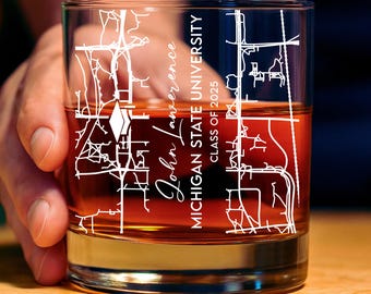 Custom Campus Map Graduation Whiskey Glass, Engraved University Map Graduation Gift on Rock Glass, Class of 2025, College Graduation Gift