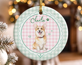 Personalized Pet Memorial Watercolor Ornament from Photo + Name, Gingham Striped Dog & Cat Ornament, Personalized Pet Remembrance Gift Loss