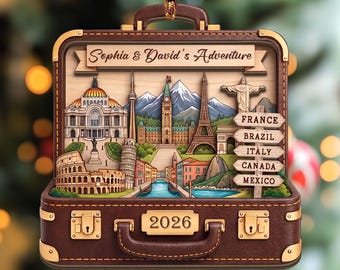 Personalized Travel Adventure 2 Layer Wooden Ornament, Destination Keepsake Gift, Traveler Gift, Couples Adventure Gift, Suitcase Ornament
