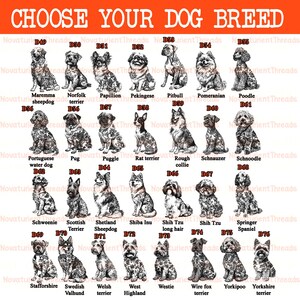 May include: A poster with the text "CHOOSE YOUR DOG BREED" above illustrations of various dog breeds, including a Maremma sheepdog, a Poodle, and a Yorkshire terrier. Each dog is labeled with its breed name.