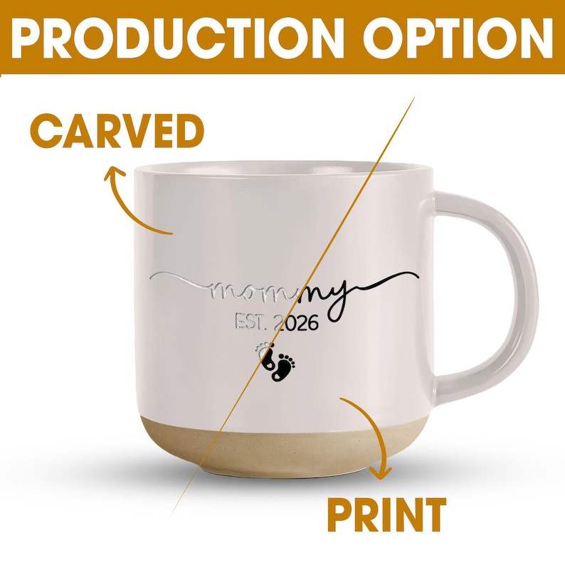 May include: White ceramic mug with a beige base and a white handle. The mug features the word "mommy" in a script font, the year "EST. 2026", and baby footprints. The mug is a production option, available carved or printed.