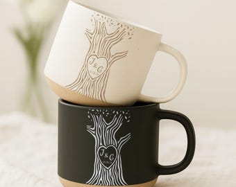 Personalised Engraved Couple Pottery Mug, Wedding Gift, Custom Carved Initials In A Heart Tree Couple Mug, Engagement Gifts, Newlywed Gift