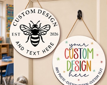 Personalized Text & Image Round Door Sign, Custom Business Wood Sign, Outdoor Business Signage, Business Logo, Shop Sign, Welcome Decor