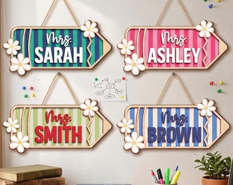Personalized Teacher Door Sign, Striped Pencil Wooden Name Plaque, Teacher Door Hanger, Classroom Decor, Back to School, New Teacher Gifts