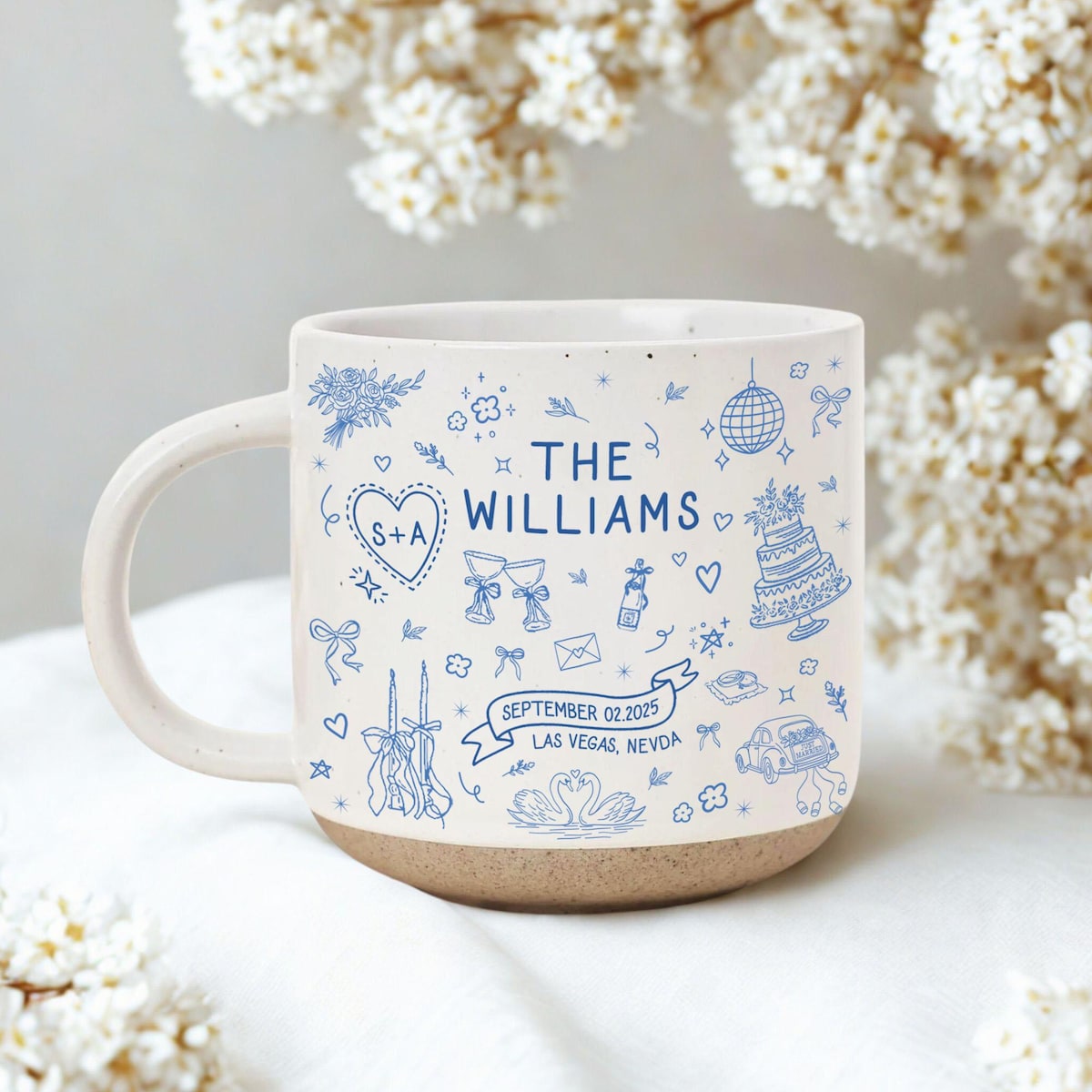 Wedding Gift, Personalized Bridal Ceramic Mug with Names, Date & Location, Married Coffee Cup for Mr and Mrs, Bride and Groom with Pet Mugs
