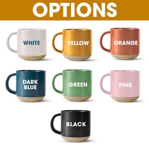 May include: A selection of ceramic mugs in various colors, including white, yellow, orange, dark blue, green, pink, and black. Each mug has a contrasting beige base and the color name printed on the front. The word "OPTIONS" is at the top.