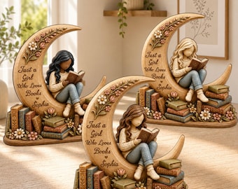 Just A Girl Who Loves Books Wooden Figurine, Custom Wooden Book Lover Block, Reader Shelf Decoration, Book Lover Gift, Library Decor Gift