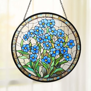 Forget Me Not Stained Glass Suncatcher,Blue Floral Window Hanging,Botanical Stained Glass Ornament,Nature Art,Spring Home Decor,Gift for Mom