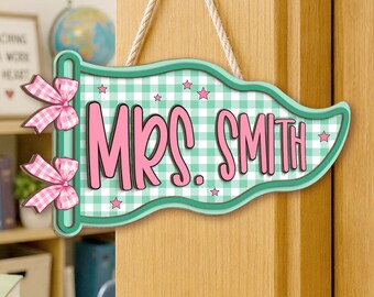 Custom Acrylic Classroom Doorsign, Personalized Teacher Name Sign, Gingham Pennant Nameplate, Back to School Gift, Teacher Desk Decor