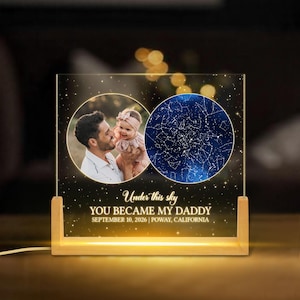 May include: A personalized night light with a photo of a father and child, and a star map. The text reads "Under this sky, YOU BECAME MY DADDY, SEPTEMBER 10, 2026 | POWAY, CALIFORNIA." The light has a wooden base.