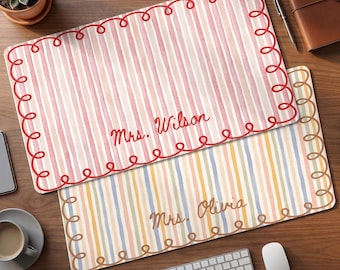 Custom Name Scalloped Stripe Desk Mat, Back to School Gift, Pastel Stripe Keyboard, Wavy Edge Preppy Workspace Decor, Gift for Teacher