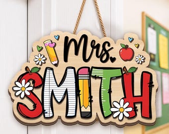 Wood Teacher Sign, Personalized Teacher Appreciation Gift, Custom Teacher Door Hanger, Teacher Name Sign for Door, Classroom Door Hanger