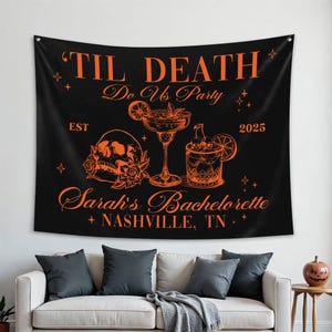 Halloween Bachelorette Party Tapestry, Til Death Do Us Party Bachelorette Banner, Personalized Gothic Skeleton Bride Photo Backdrop Tapestry