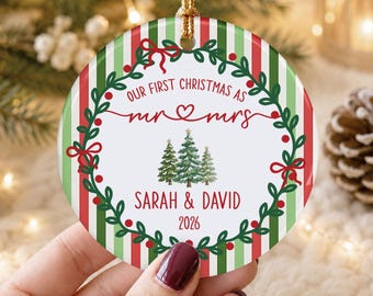 Custom Mr Mrs Couple Striped Ornament, Wedding Gift, Personalized First Christmas Keepsake, Our 1st Christmas Mr & Mrs Ornament,Housewarming