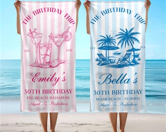 Personalized Birthday Trip Beach Towel, Custom Name Trip Beach Towel, Birthday Gift for Mom, Bachelorette/Birthday Party Gift