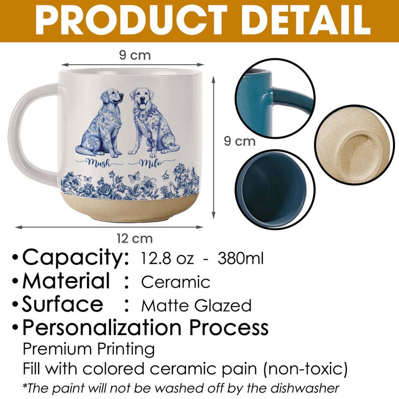 May include: White ceramic mug with a beige base, featuring blue illustrations of two dogs and floral patterns. The mug is 12 cm wide and 9 cm tall, with a capacity of 12.8 oz (380ml). The text "PRODUCT DETAIL" is at the top.