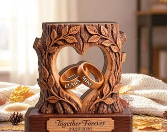 Personalized Couple Heart Tree Wooden Block,Custom Anniversary Keepsake,Wedding Ring Keepsake,Together Forever Anniversary Gift,NewlywedGift