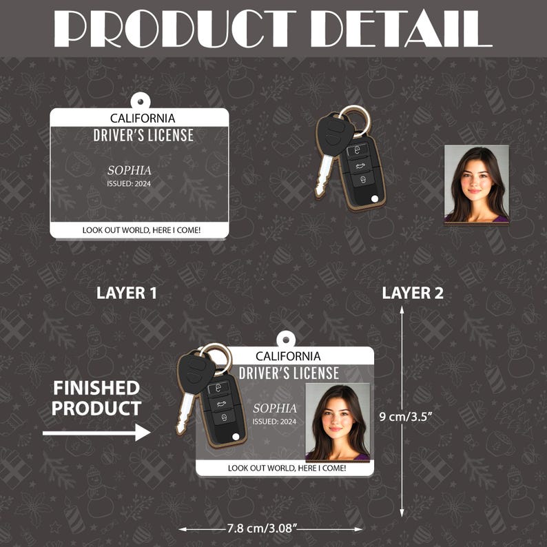 May include: A product detail image featuring a California driver's license with the name SOPHIA and the issue year 2024. The license is paired with a car key fob. The dimensions are 3.08 inches wide and 3.5 inches tall.