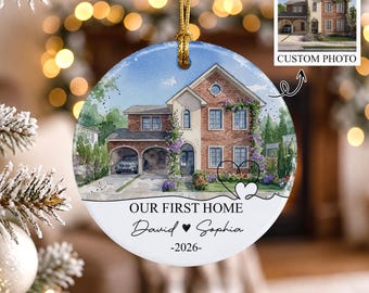 Personalized New Home Gift Ornament, Custom Watercolor House Portrait, Personalized First Christmas Home, Housewarming Realtor Gift, Couple