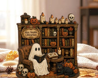 Personalized Retro Ghost Reading Wooden Block, Halloween Wooden Block, Wooden Ghosts Shelf Sitter, Halloween Librarian Teacher Gift