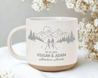 Personalized Engraved Bride & Groom Mountain Romantic Pottery Mug, Newlywed Anniversary Present for Outdoorsy Couple, Unique Engagement Gift
