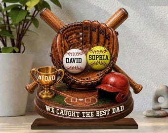 We Caught The Best Dad Baseball 2 Layer Wooden Plaque, Father’s Day Gift for Husband, Dad Baseball Sign, Custom Baseball Sign With Kids Name