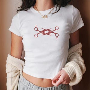 Lesbian Pride Scissors Rib Racer Baby Tee, Y2K Lesbian Pride Baby Tee, LGBTQ Bisexual Trendy Gift, Sapphic Queer Fashion, WLW Femme Subtle