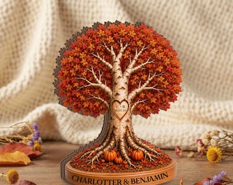 Personalized Fall Love Tree Wooden Block, Custom Couple Name Tree, Autumn Anniversary Gift, Rustic Wedding Keepsake, Family Tree Plaque