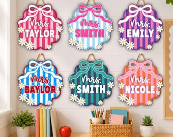 Scalloped Striped Wooden Name Plaque, Personalized Teacher Door Sign, Custom Classroom Decor, Back to School Teacher Gift, Teacher Name Sign