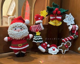 May include: A crocheted Christmas wreath with festive decorations, including a Santa Claus figure, mittens, a Christmas tree, and a gingerbread man. The wreath is adorned with red, white, green, and yellow elements, creating a cheerful holiday display.