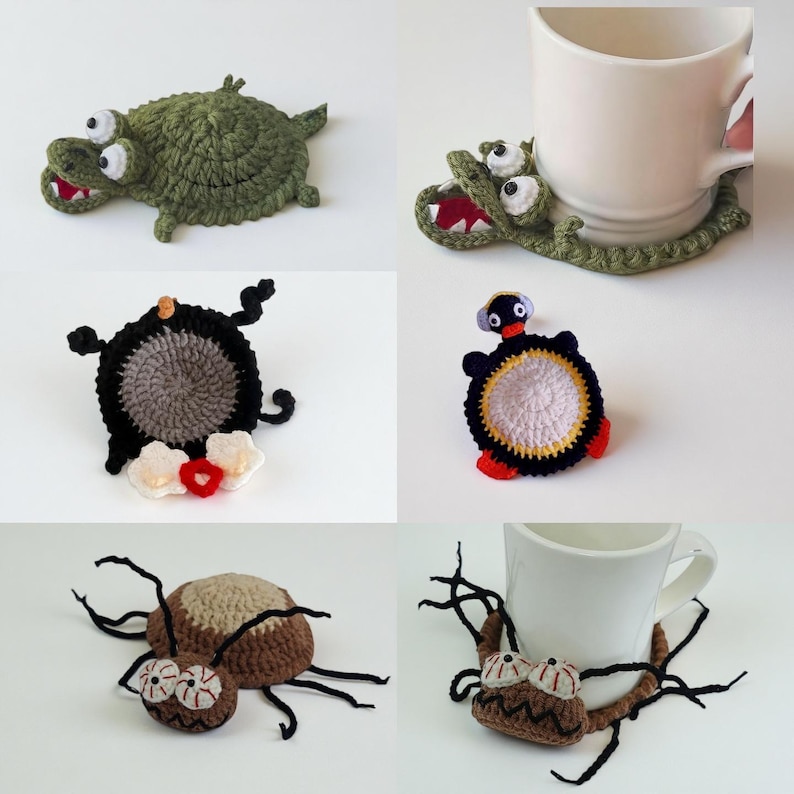 May include: A selection of handmade crochet coasters in quirky designs. The coasters feature a green crocodile, a black and grey creature, a penguin, and a brown spider. One coaster is shown with a white mug.