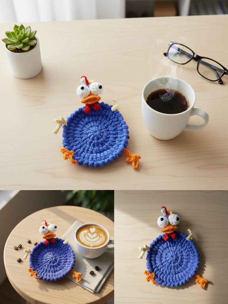 May include: A blue crocheted chicken coaster with white eyes, an orange beak, and yellow feet. The coaster is round and sits on a light-colored wooden surface. A cup of coffee and a small succulent plant are also visible.