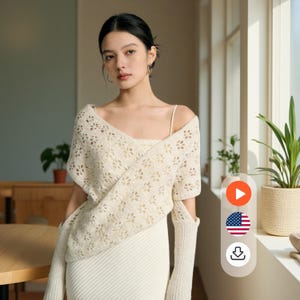 May include: Cream-coloured, open-weave knit wrap with floral cutouts. The wrap is worn over a white spaghetti strap top and paired with matching arm warmers. The outfit is part of a collection of knitwear.