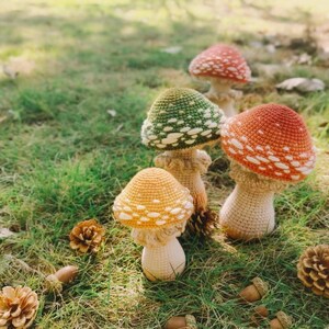 Puede incluir: Un conjunto de cuatro setas hechas a mano con ganchillo, en varios colores, incluyendo naranja, verde y amarillo, con puntos blancos en los sombreros. Las setas est&aacute;n dispuestas sobre hierba verde con pi&ntilde;as y bellotas.