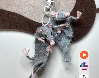 Patrón de amigurumi de rata a crochet, colgante para bolso con forma de ratón, animal original (PDF + VIDEO TUTORIAL)