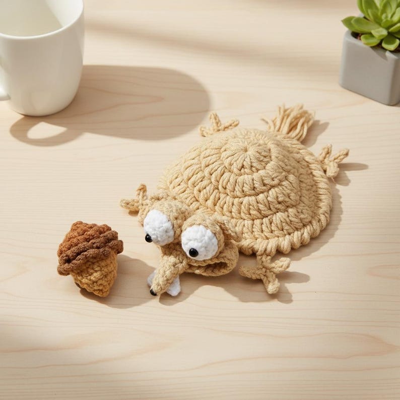 May include: A quirky, handmade crochet coaster and acorn set. The coaster is beige with large, googly eyes and a long nose. The acorn is brown and tan. The set is designed to protect surfaces from hot or cold drinks.