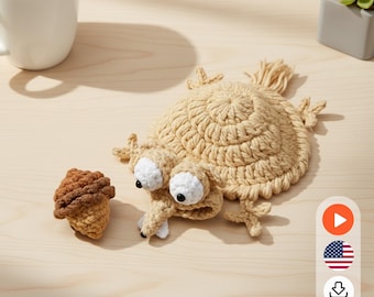 Funny Squirrel &Acorn Coaster Crochet  Pattern, Beginner Amigurumi Mug Rug (PDF Pattern w/Video)| PDF English Tutorial