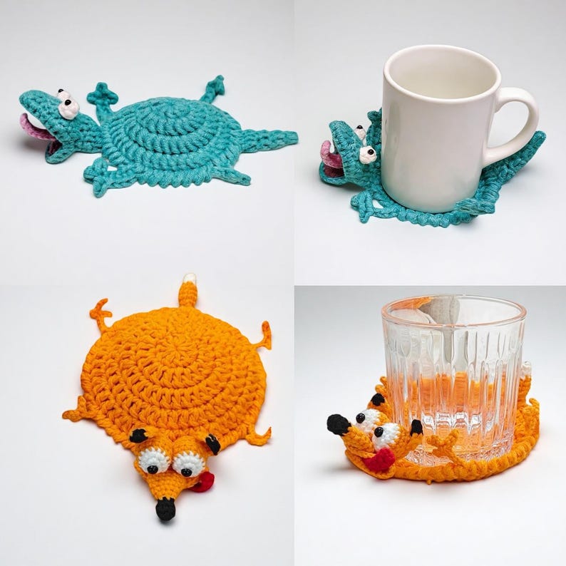 May include: A selection of handmade crochet coasters shaped like cartoon animals. The coasters feature a teal crocodile, an orange fox, and a fox-shaped coaster holding a glass. The crocodile coaster is holding a white mug.