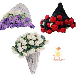 May include: Three crocheted items: a shawl with purple flowers, a black hat with red roses, and a white floral bouquet. The items are handmade and feature intricate floral details. The logo "koko" is in the bottom right corner.