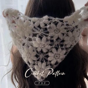 Puff Flower Crochet Bandana Pattern – Floral Triangle Head Scarf PDF, Retro Boho Hair Accessory DIY, Handmade Gift