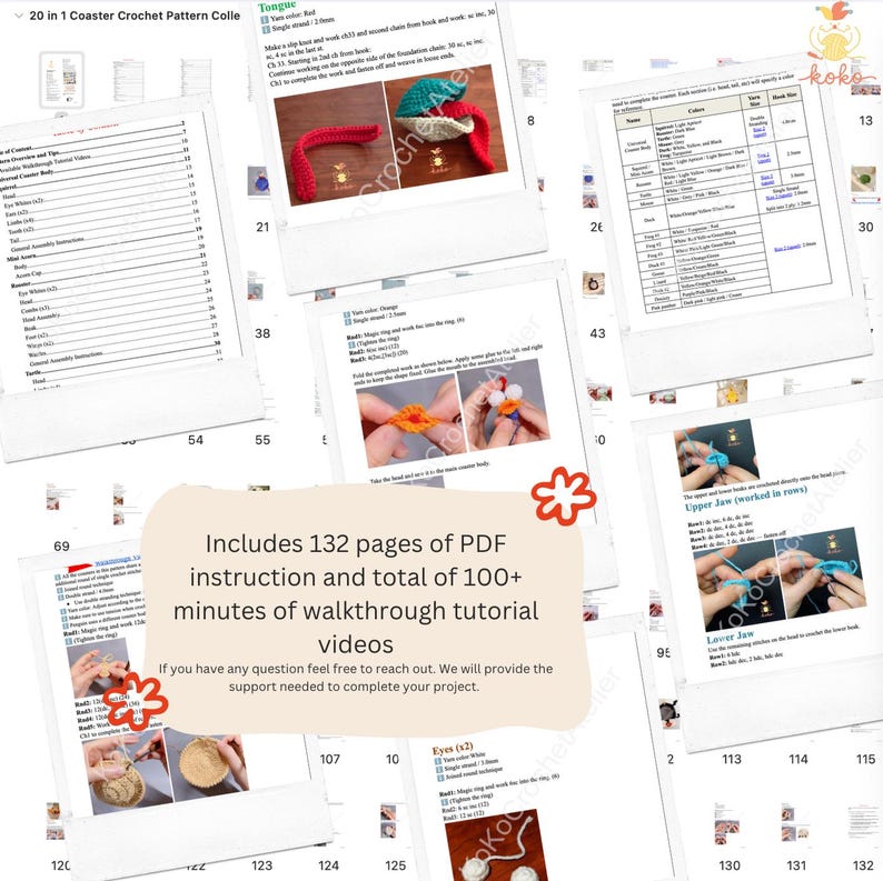 May include: A set of crochet pattern pages for 20 different coasters. The pages contain instructions, diagrams, and images of the finished projects. The text on the pages reads "Includes 132 pages of PDF instruction and total of 100+ minutes of walkthrough tutorial videos."