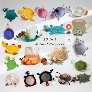 20-in-1 Animal Crochet Coaster Patterns, Mug Hugger Bundle, animals cup holder (PDF + VIDEO TUTORIAL)