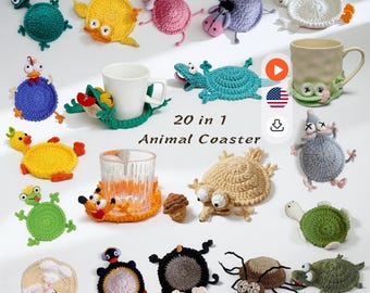 20-in-1 Animal Crochet Coaster Patterns, Mug Hugger Bundle, animals cup holder (PDF + VIDEO TUTORIAL)