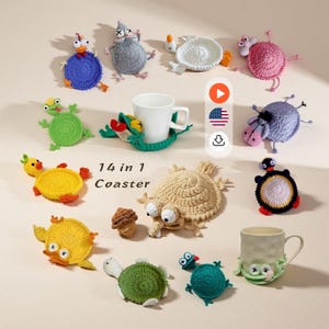 PDF+ Video 14-in-1 Animal Crochet Coaster Pattern Set, Amigurumi Mug Rug, Funny Animal Mug Rugs