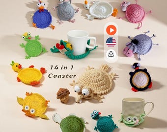 14-in-1 Animal Crochet Coaster Pattern Set ，Amigurumi Mug Rug, Funny Animal Mug Rugs (PDF + VIDEO TUTORIAL) | English Only