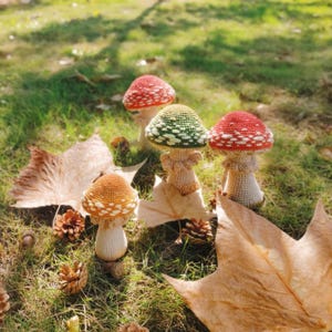 Puede incluir: Un conjunto de setas hechas a mano con ganchillo, en varios colores, incluyendo rojo, verde y naranja, con lunares blancos. Las setas est&aacute;n dispuestas sobre hierba verde, rodeadas de hojas ca&iacute;das y pi&ntilde;as, creando una escena oto&ntilde;al.