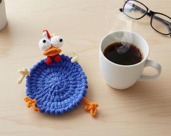 Funny Chicken Crochet Coaster Pattern, Beginner Amigurumi Mug Rug (PDF Pattern)