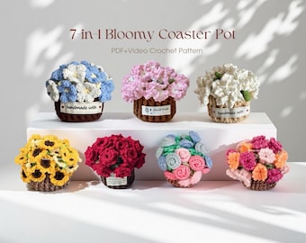 7-in-1 Bloomy Coaster Pot Crochet Pattern Bundle (PDF+Video) | Rose, Sunflowers, Carnations