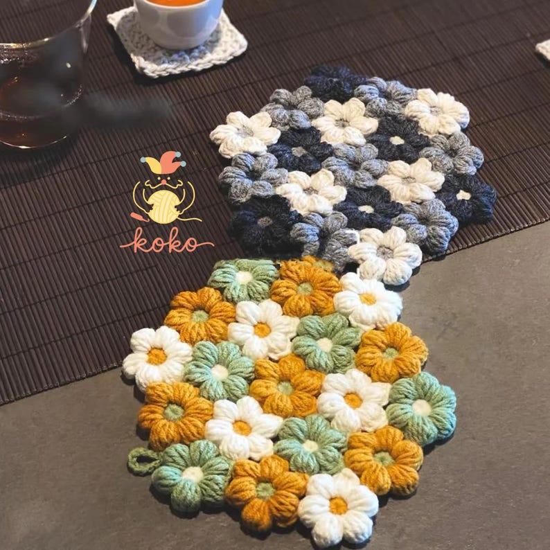 Puff Coasters Crochet Pattern Puff Flower Coaster Crochet Pattern, Flower Crochet ...